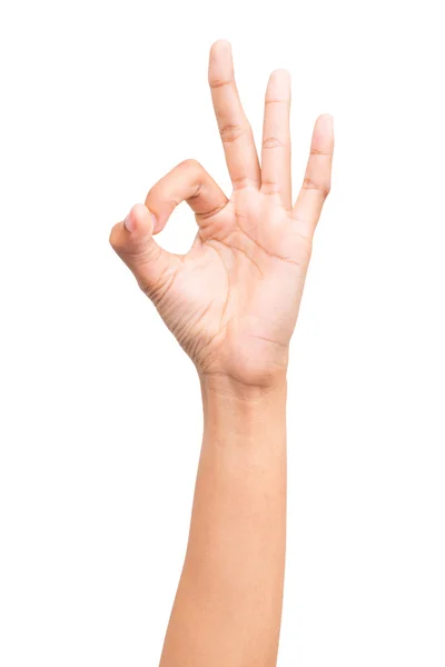 Femme main dans ok signe sur un fond blanc isolé — Photo
