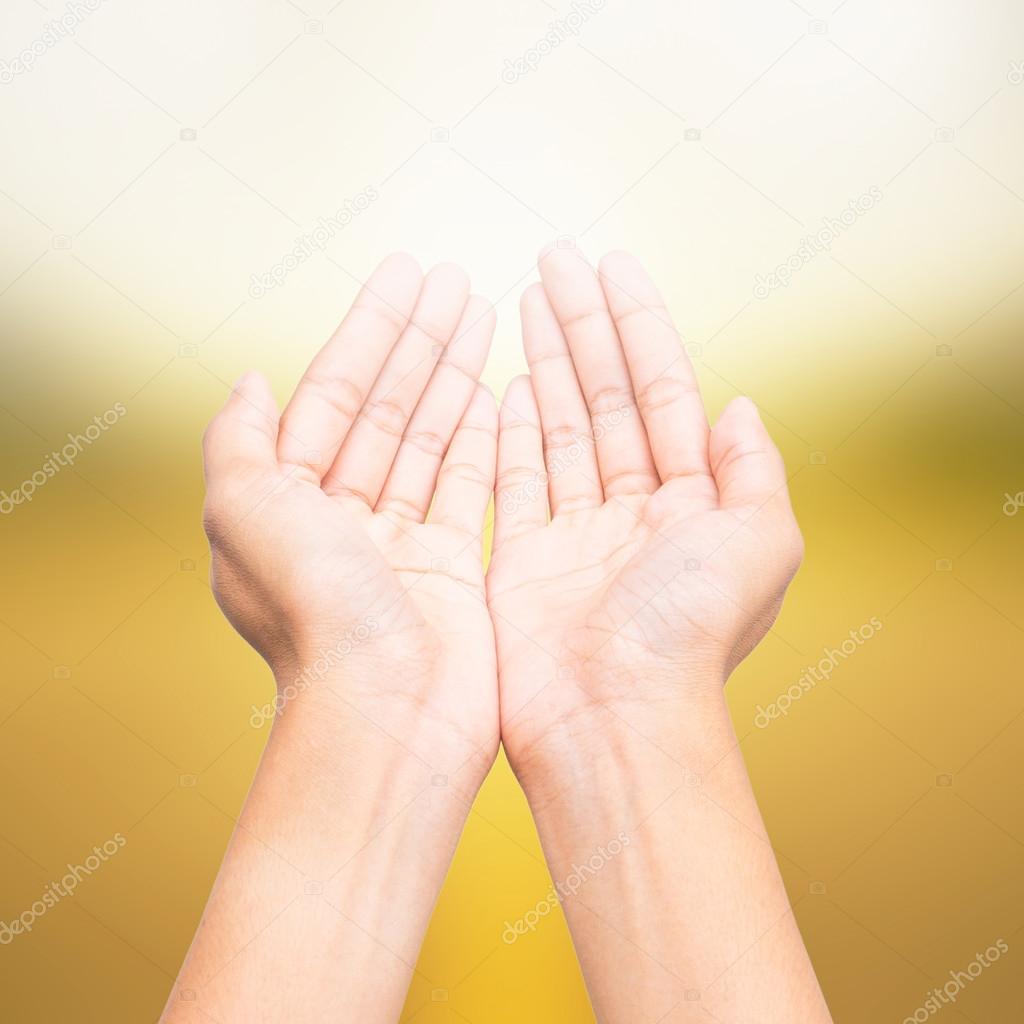 Human open empty hands, over blurred nature background