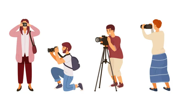 Illustration of men and women holding a camera in various poses.Photographers vector set. Isolated on white background. — Stock Vector