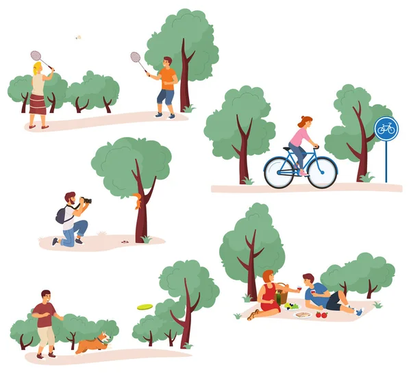 Freizeitaktivitäten im Park Vektor Illustration Set. Die Leute fahren Fahrrad, entspannen sich beim Picknick, spielen mit dem Hund. Stockvektor