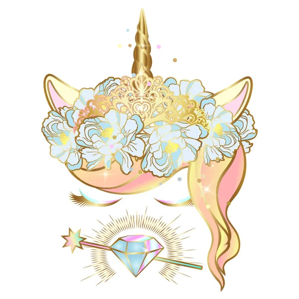 Vektor unicorn wajah dengan mata tertutup dan karangan bunga dengan tanduk emas, tiara, tongkat sihir dan permata. - Stok Vektor