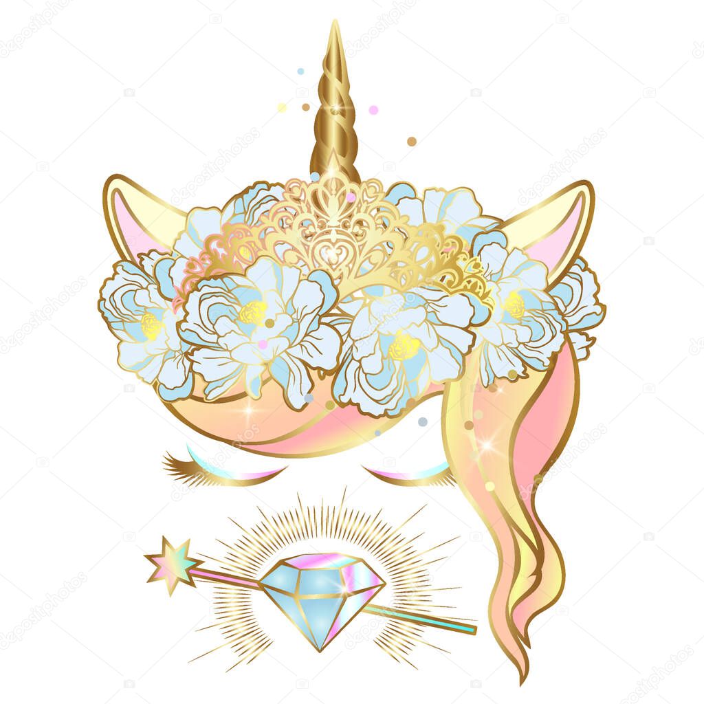 Vector unicorn face with closed eyes and wreath of flowers with golden horn, tiara, magic wand and gem.