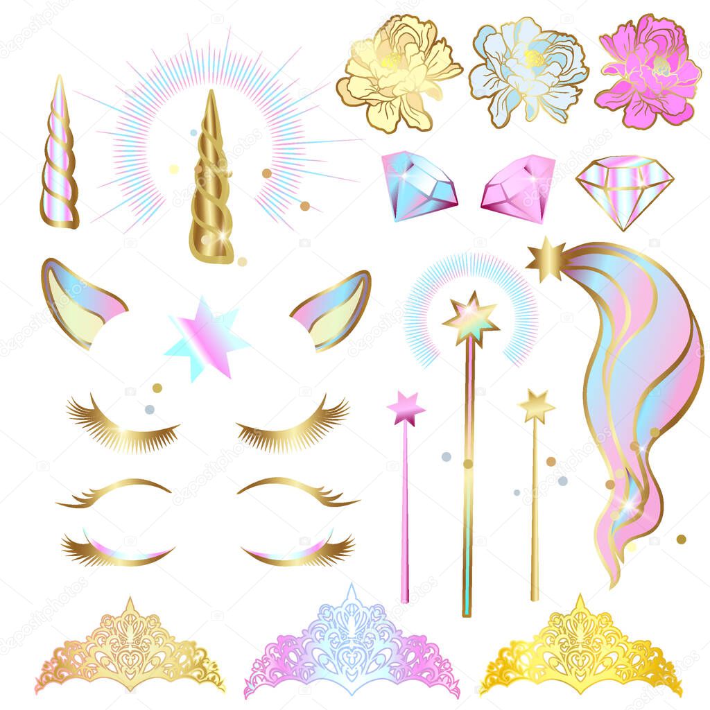 Set of design elements for a unicorn with closed eyes and a wreath of flowers with sparkles.