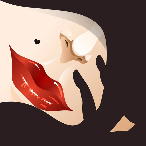 Bir kadın yüzü, yarısı şapka ve eldivenli bir elle gizlenmiş. Kalp şeklinde doğum lekesi olan güzel bir kadının portresi. Tasarım için vektör illüstrasyonu.