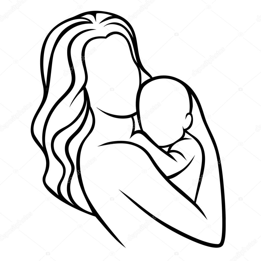 Mother holding baby, isolated illustration of happy motherhood, childbirth. Black outline, simple lines, base for the logo, clip-art.