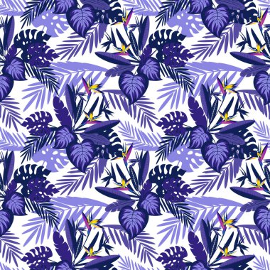 Tropik egzotik yaprakları ve çiçekleri olan kusursuz desenler. Tasarım için, tekstil.