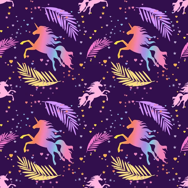 Uçan tek boynuzlu atlar, kalpler, taçlar ve yıldızlı kusursuz gökkuşağı desenleri..
