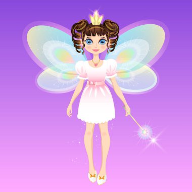 Kanatları ve sihirli değneği olan prenses tacı takan bir kız. Peri perisi, küçük büyücü. Arkaplandan izole edilmiş bir tasarım ögesi olarak resim.