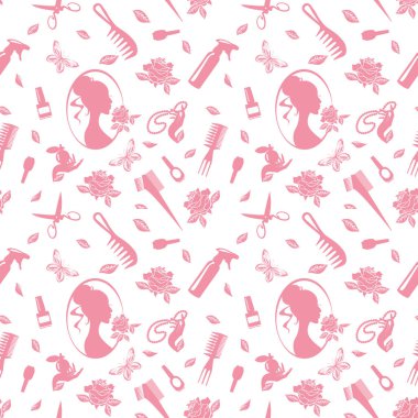 Berber aletleri, dikişsiz makas, tarak, sprey şişesi, gül, kelebek, boncuk, kız profili. Poster, afiş, baskı için tasarım.