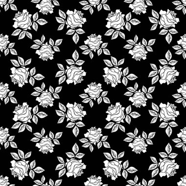 Siyah arka planda beyaz güller olan pürüzsüz bir desen..