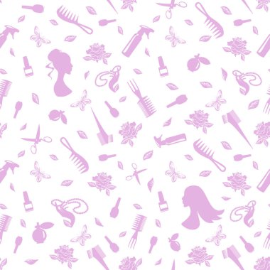 Kuaför aletleri, makas, tarak, sprey, gül, kelebek, boncuk, parfüm, saç stili olan bir kızın profili. Beyaz arkaplanda vektör resmi.