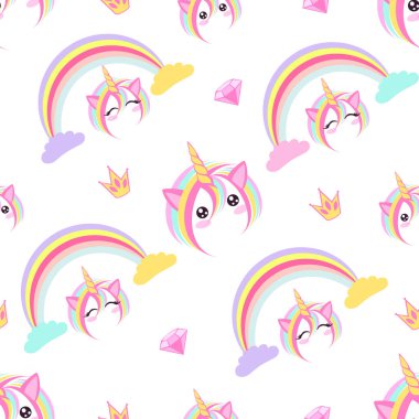 Gökyüzünde renkli bulutlar ve gökkuşaklarıyla sevimli sihirli tek boynuzlu atlara sahip kusursuz desenler. Vektör illüstrasyonu.