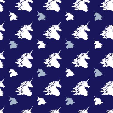 Tek boynuzlu atın baş silueti. Mavi arkaplanda beyaz siluet.