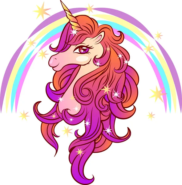 Cute magical unicorn with stars and rainbow. Vector illustration of a unicorn head. — Stock Vector
