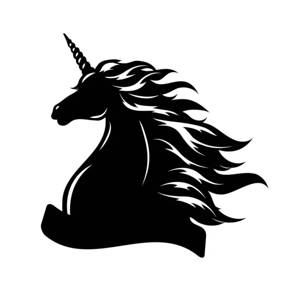 La silueta de la cabeza unicornio con el lugar para el texto. Silueta negra sobre fondo blanco. — Vector de stock