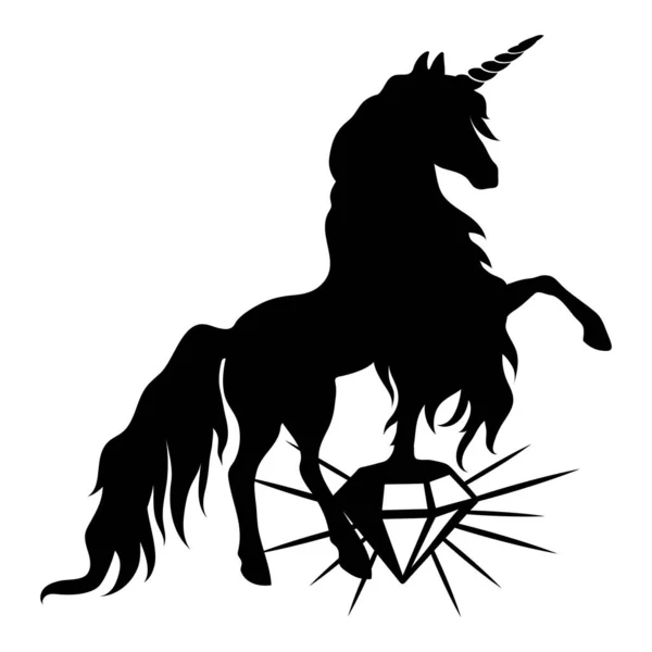 Siluet unicorn dengan permata. Siluet hitam dengan latar belakang putih. Elemen untuk membuat desain dan dekorasi. - Stok Vektor