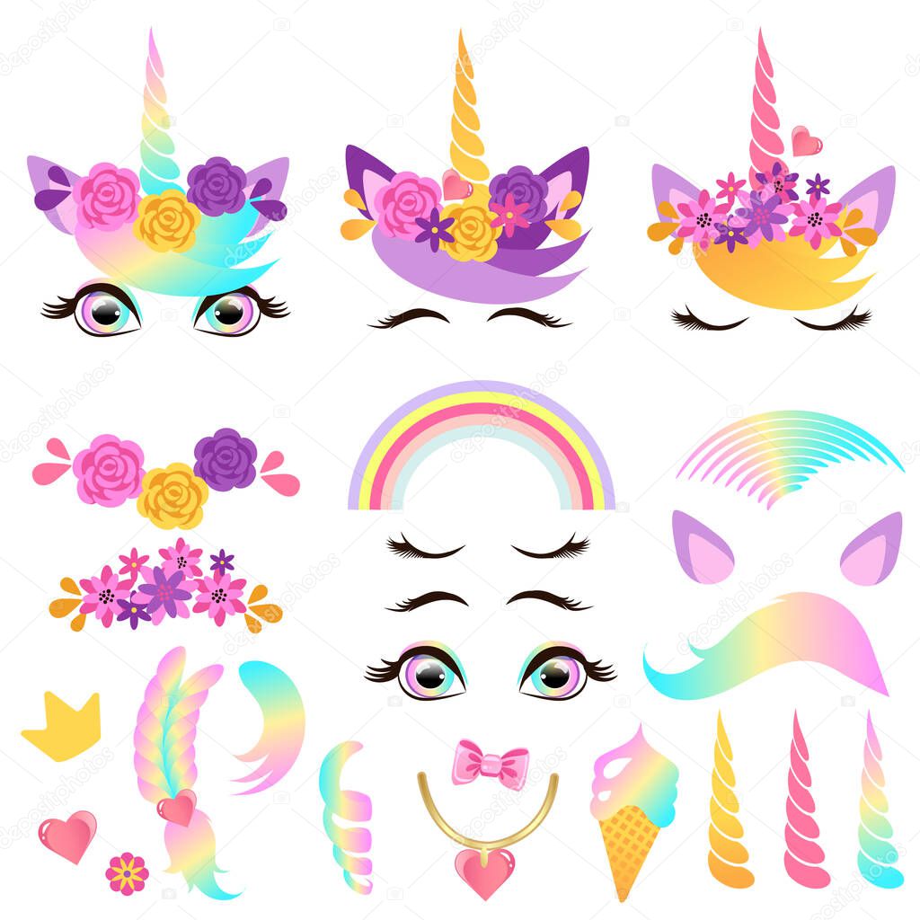 Set of design elements for a unicorn head in a wreath of flowers.