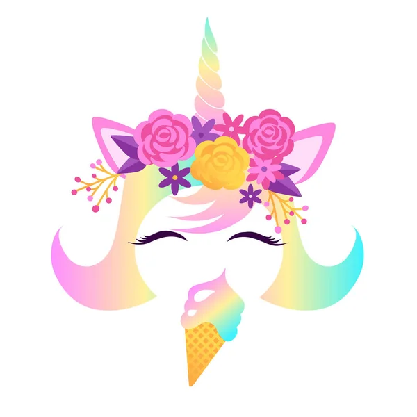 El rostro de un unicornio con los ojos cerrados y una corona de flores y un cono de helado. Ilustración vectorial aislada sobre fondo blanco. Ilustración vectorial aislada sobre fondo blanco. — Vector de stock