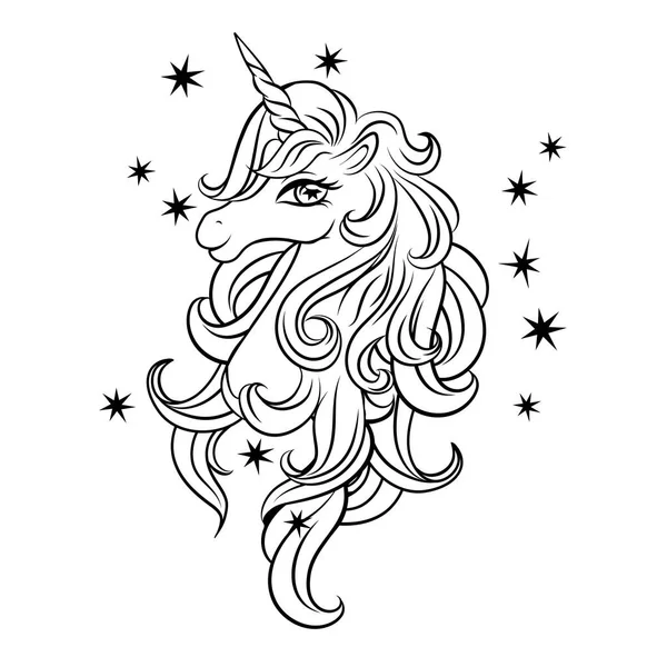 Kepala Unicorn Ajaib Lucu Dengan Bintang Bintang Garis Hitam Kepala - Stok Vektor