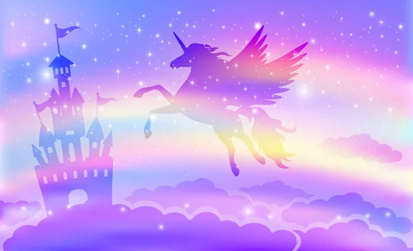 Fantasie achtergrond van een magisch kasteel met vliegende eenhoorn, regenboog en sprankelende sterren. — Stockvector