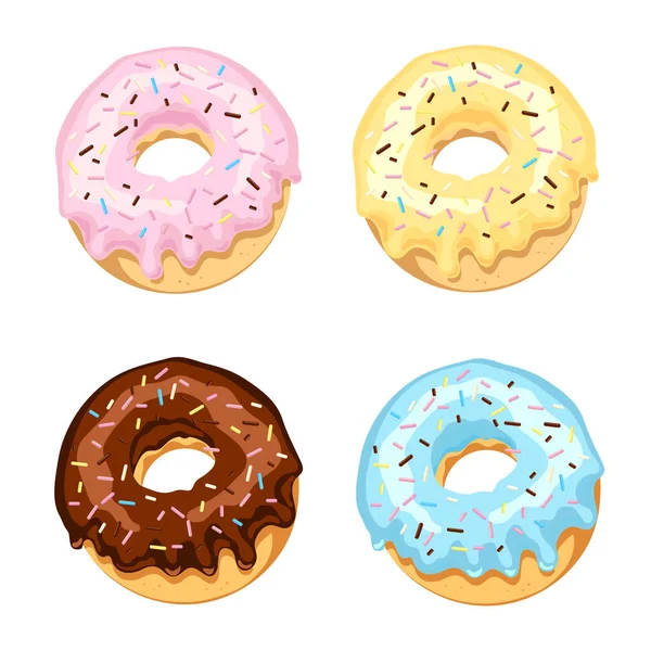 Set aus farbigen Donuts mit Zuckerglasur und Schokolade mit buntem Staub. Vektor-Illustration isoliert auf weißem Hintergrund. — Stockvektor