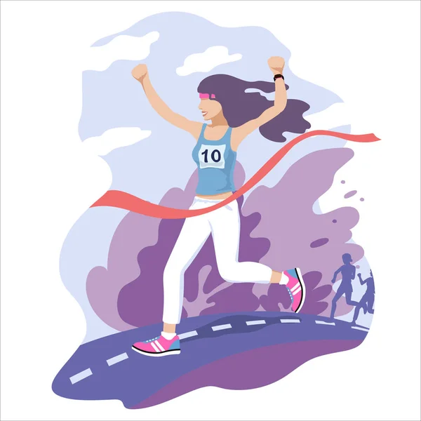 Ragazza con i capelli lunghi corre e vince la maratona. Illustrazione di fare sport in natura e uno stile di vita sano. — Vettoriale Stock