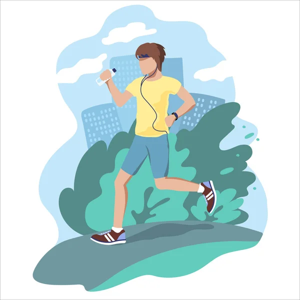 Giovane uomo corre lungo la strada indossando cuffie con un braccialetto fitness e una bottiglia d'acqua. Illustrazione di fare sport in natura e uno stile di vita sano. — Vettoriale Stock