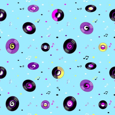 Plak kayıtları ve notlar kusursuz. Vinil, retro ve müzik kayıt konsepti. Örüntünün elementleri arkaplandan ayrılır. Vektör illüstrasyonu.