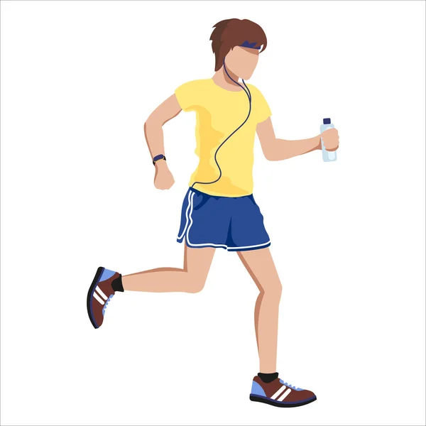 Junger Mann Sportkleidung Kopfhörer Und Eine Flasche Wasser Läuft Illustration — Stockvektor