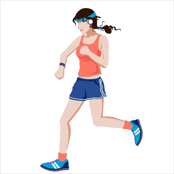 穿着运动服 头戴耳机 戴着健身手镯的女孩 说明体育运动和健康的生活方式 在白色背景上孤立的向量图 — 图库矢量图片