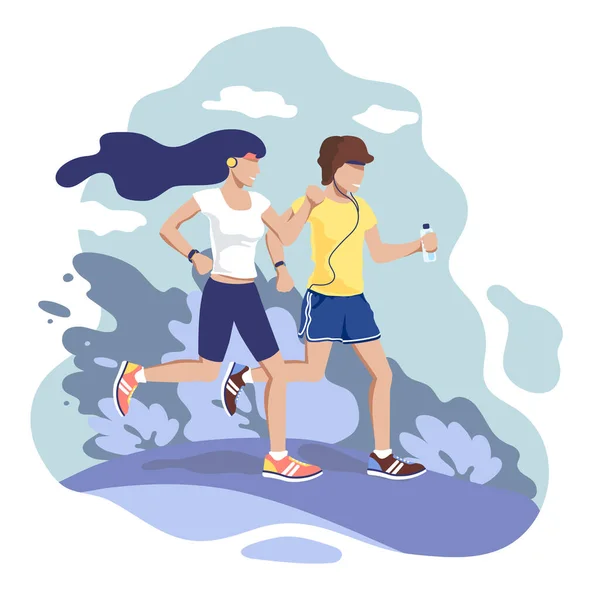 在公园里跑来跑去的年轻男女戴着耳机和健身手镯 健康的生活方式 身体护理 一个跑步女孩的矢量图解 网站模板 — 图库矢量图片