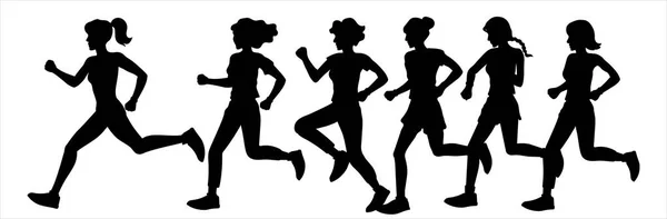 Ragazze Donne Corrono Una Maratona Facendo Jogging Silhouette Nere Sfondo — Vettoriale Stock