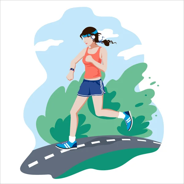 La chica corre por la carretera en auriculares con un brazalete de fitness. Ilustración de hacer deporte en la naturaleza y un estilo de vida saludable. — Archivo Imágenes Vectoriales