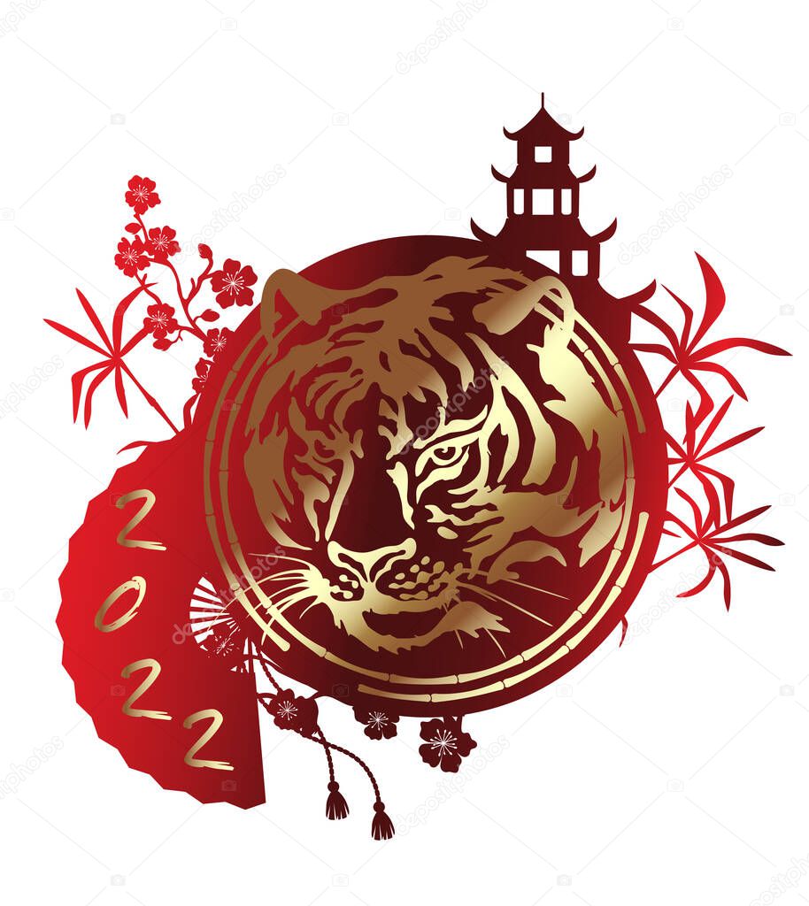 Tiger head. Gold silhouette of a tiger head, on a red background from a circle.