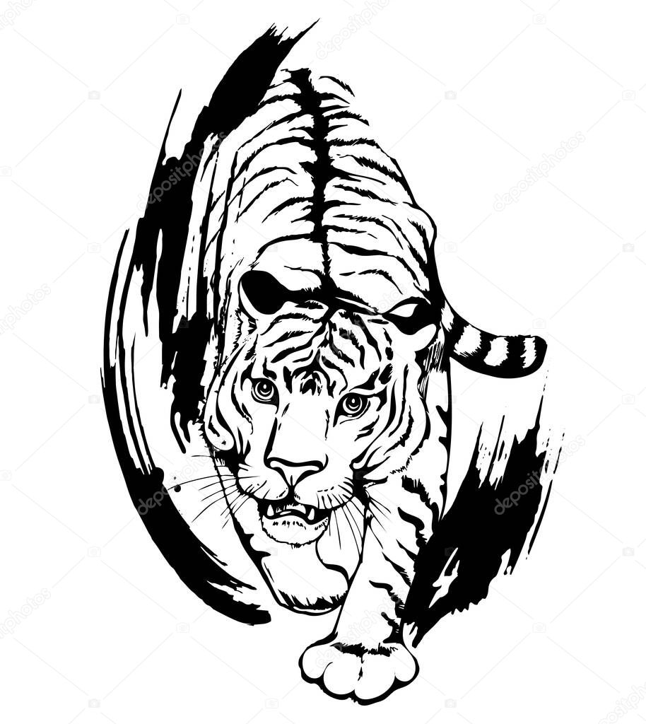 Tiger growls. Black silhouette on white background.