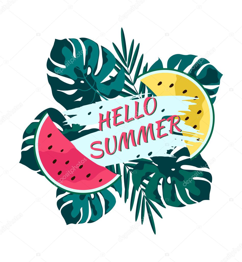 Hello summer banner template. Monstera leaves, watermelon slices and text.
