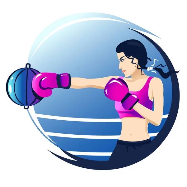 Athletic Young Woman Boxing Gloves Beats Punching Bag Workout Illustration — Stock Vector
