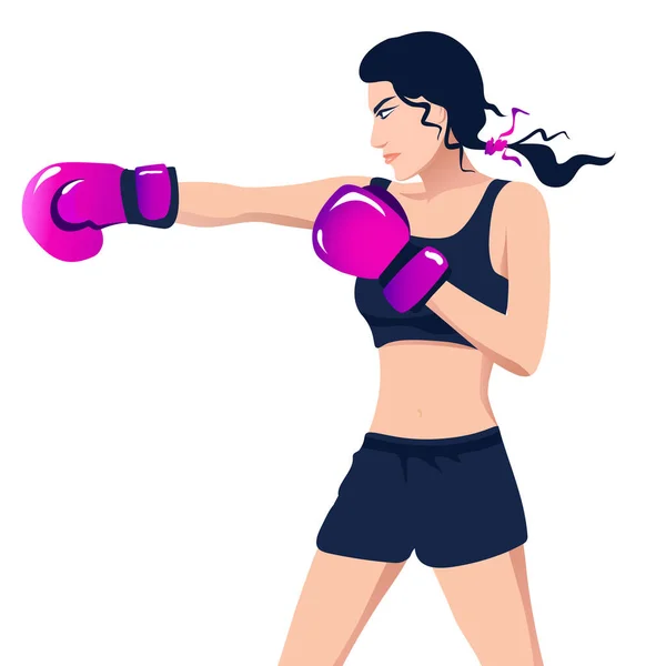 Athletic Young Woman Boxing Gloves Trains Kick Workout Illustration Women — Stock Vector