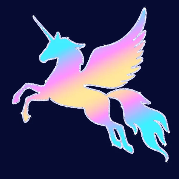 Silhouette di unicorno volante arcobaleno con brillantini e scintille. Silhouette arcobaleno di un pegaso su uno sfondo scuro. — Vettoriale Stock
