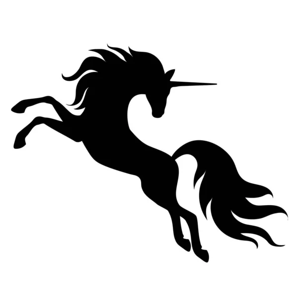 Uzun yeleli tek boynuzlu bir atın silueti. Beyaz arkaplanda siyah bir siluet. — Stok Vektör