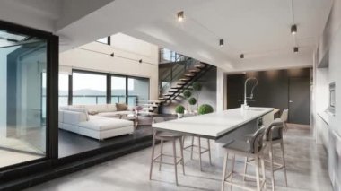 Mutfağı ve merdivenleri olan modern lüks oturma odası. İki katlı bir oda. 3d görselleştirme