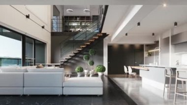 Oturma odası olan modern bir mutfak. Lüks oturma odası tasarımı. 3d görselleştirme