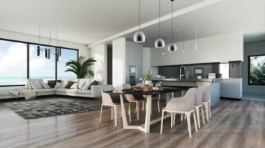 Tropikal manzaralı modern mutfak. 3d görselleştirme