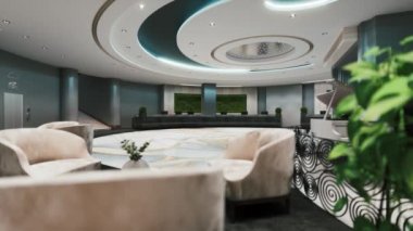 Otel lobisindeki dinlenme odası. Modern lobi görüntüleri. 3d görselleştirme
