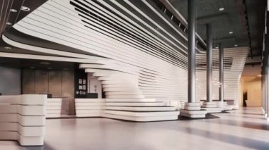 Lüks otel lobisi ve dinlenme odası. Yüksek tavanlı parlak bir lobi. 3d görselleştirme