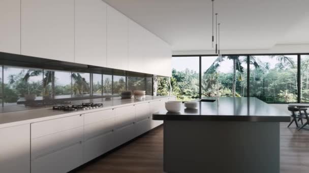 带有大窗户的现代化厨房内部 热带视野的现代厨房 3D可视化 — 图库视频影像