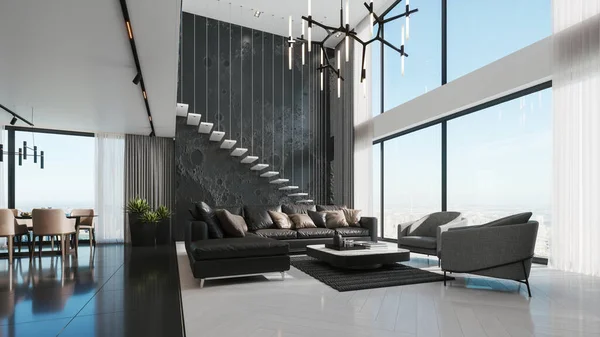Merdivenleri olan çağdaş oturma odası tasarımı. Modern iç tasarım. 3d illüstrasyon