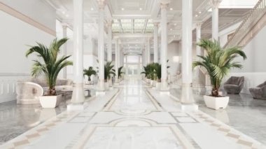 Sütunlu klasik bir salonun içi. Lüks otel lobisi. Otel Tasarımı. 3d görselleştirme.
