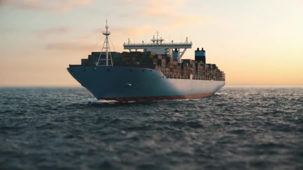 Nákladní kontejnerová loď na otevřeném moři při západu slunce. Letecký záběr kontejnerové lodi v oceánu. 3D vizualizace