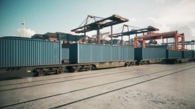 Konteyner treni limanda. Kargo treni konteynır terminalinde hareket ediyor. 3d görselleştirme